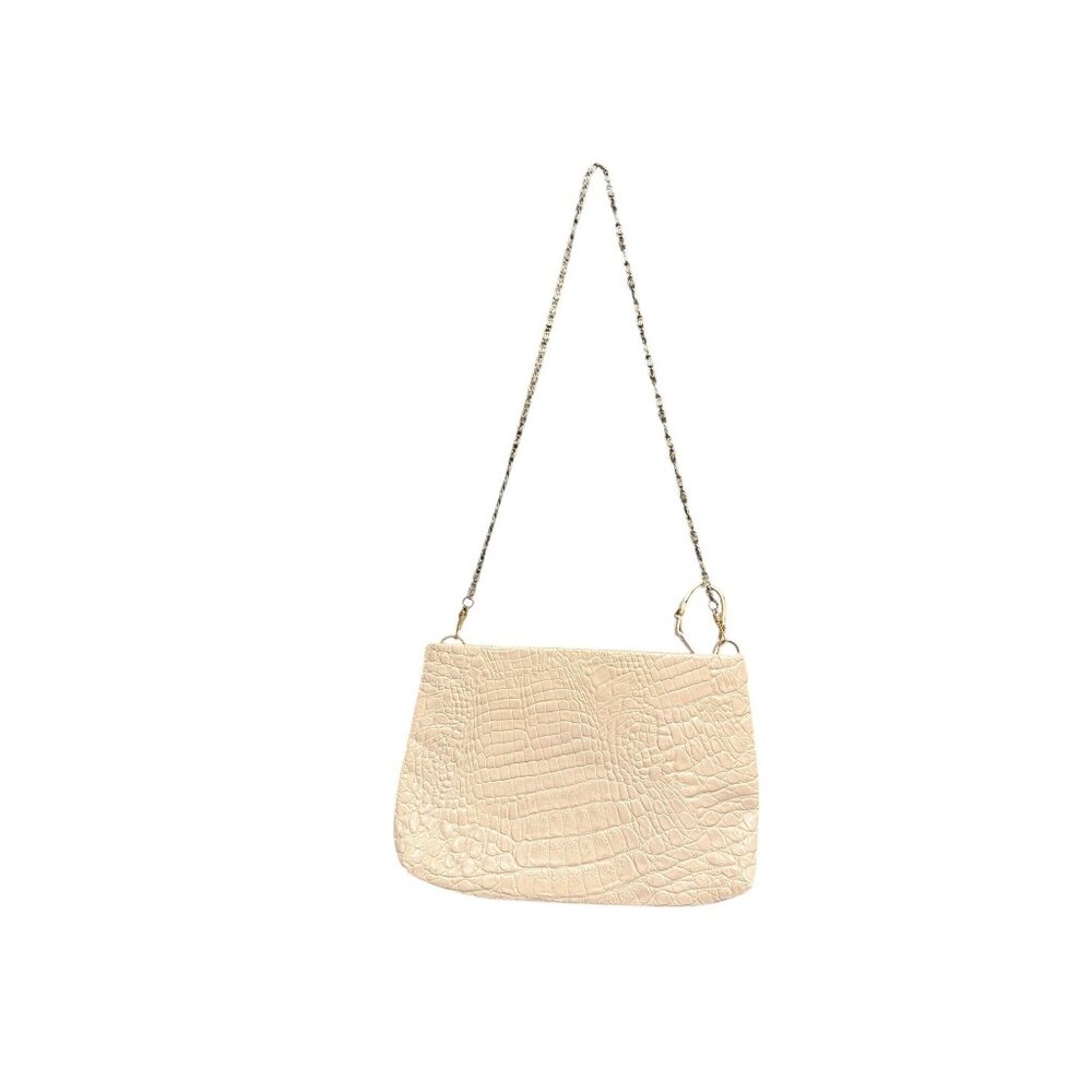 Women's Shoulder Bag Beige Crocodile Embossed Genuine Leather Chain Strap Italy